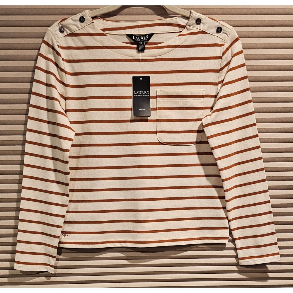 Lauren Ralph Lauren Striped Boatneck Button Shoulder Top Cream Brown PS NWT